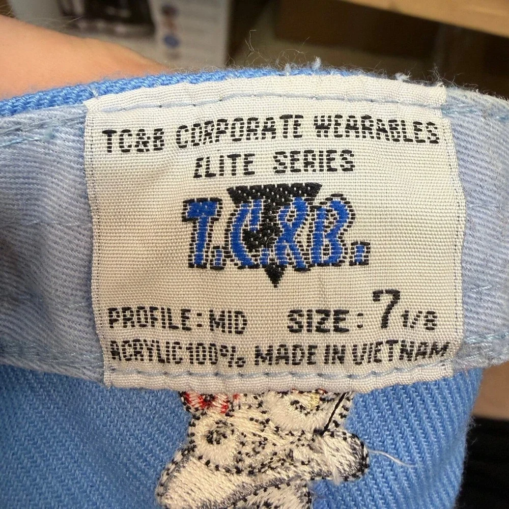 TC&B Elite Series Light Blue Fitted Baseball Hat Size 7 1/8 S Logo Character
